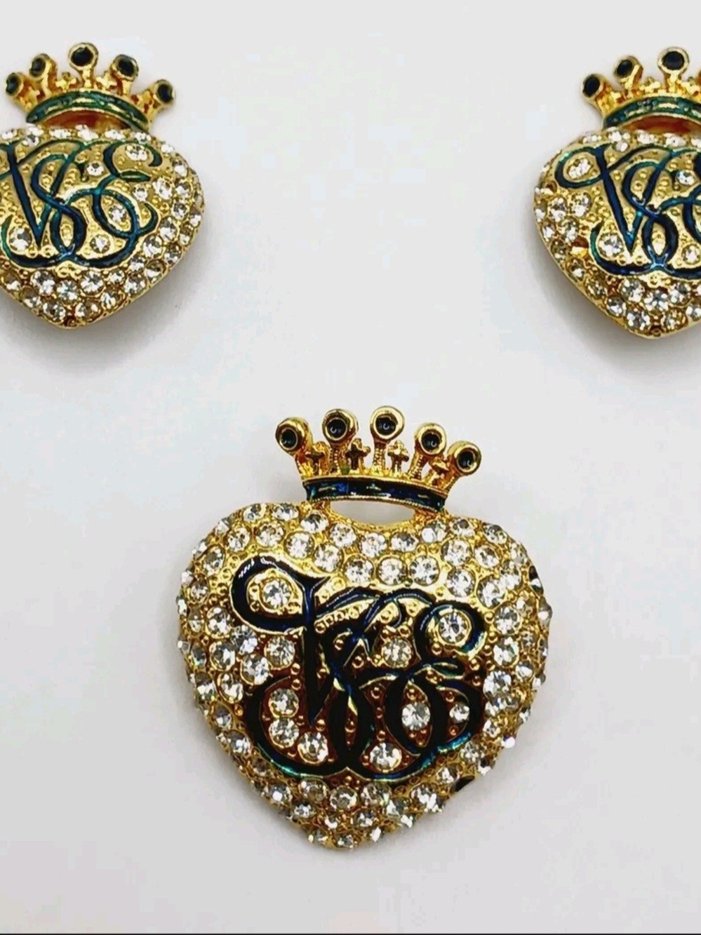 Gold Crystal Crown Heart Brooch and Earring Set - Gold
